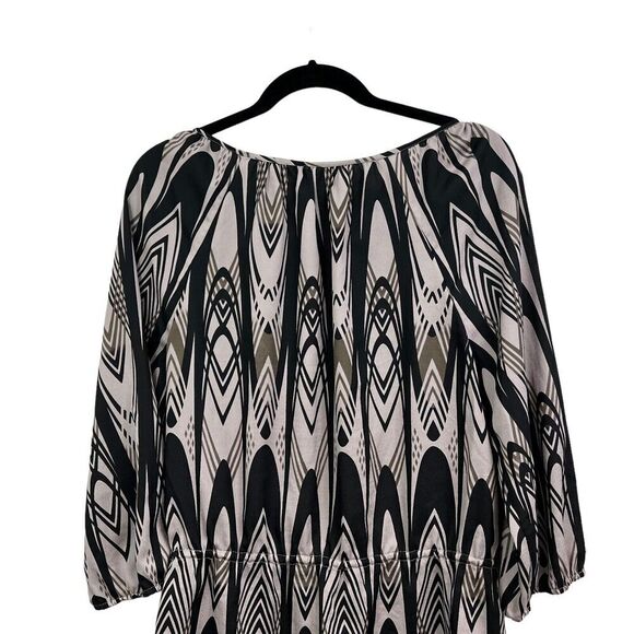 Banana Republic Blouse Keyhole Neck Tie Waist Peasant Sleeve Taupe Black Women M - Picture 5 of 5